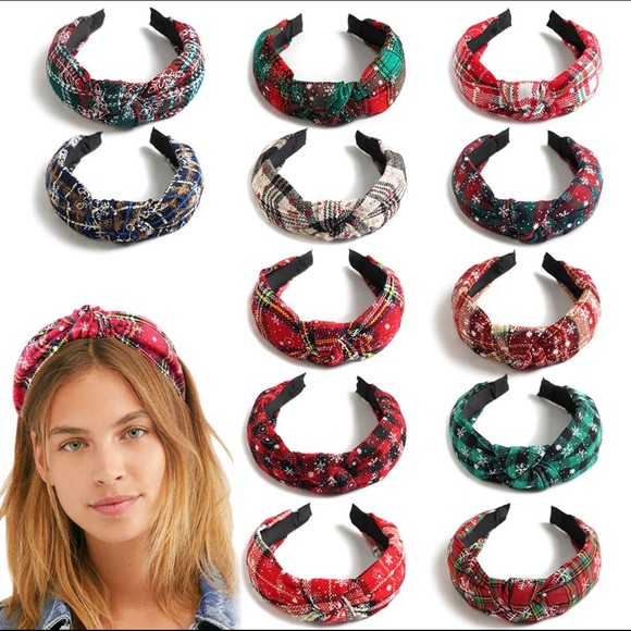New Christmas Holiday fabric top knot Red black Buffalo plaid flexible headband - Picture 10 of 12